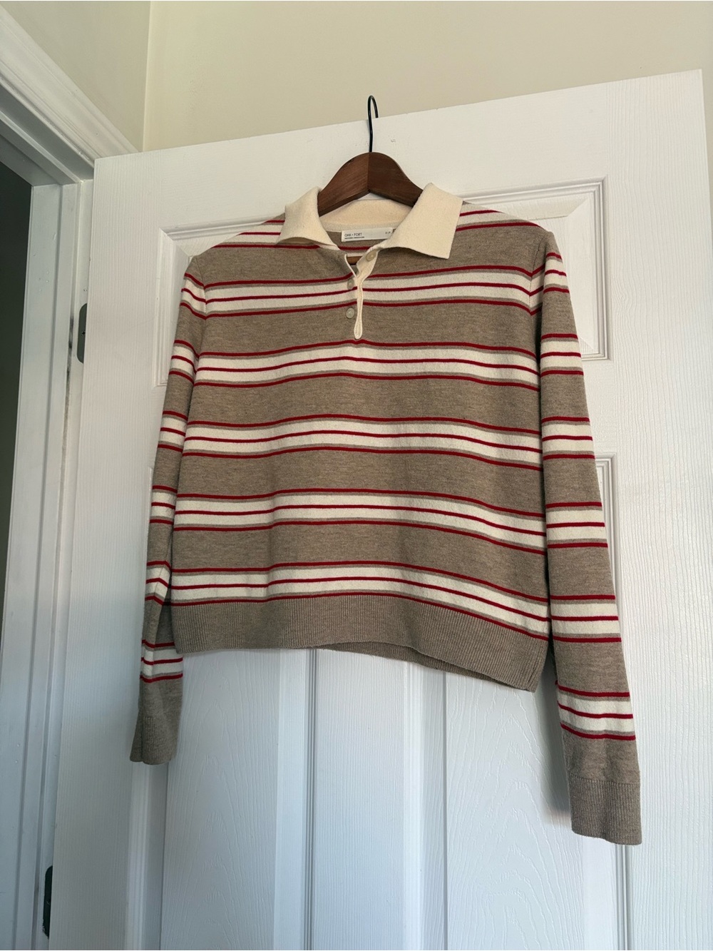 OAK + FORT Beige Striped V-Neck Polo Sweater with Red & White Stripes